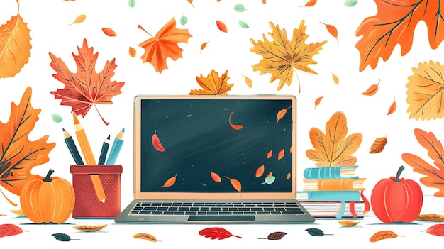 Photo autumnthemed study corner with laptop colorful leaves and seasonal decorations