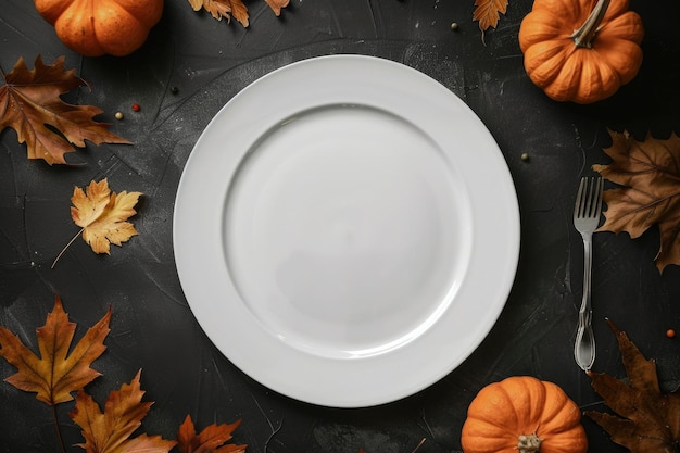 AutumnThemed Table Setting with Pumpkins and Fall Leaves