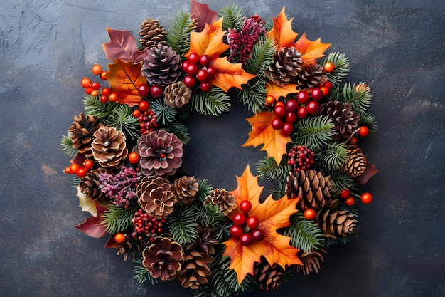 AutumnThemed Wreath with Pine Cones Berries and Leaves Ideal for Fall Decor and Thanksgiving Celebrations