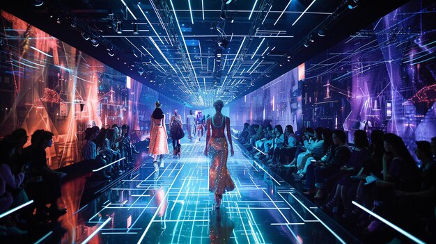 Photo avantgarde fashion event models on runway with futuristic ai light effects and digital displays