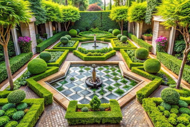 Avantgarde Garden Design with Geometry Lush Vegetation and Stylized Water Fountain in Perfect Harmony