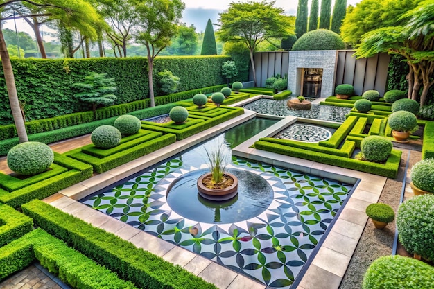 Avantgarde Garden Design with Geometry Lush Vegetation and Stylized Water Fountain in Perfect Harmony