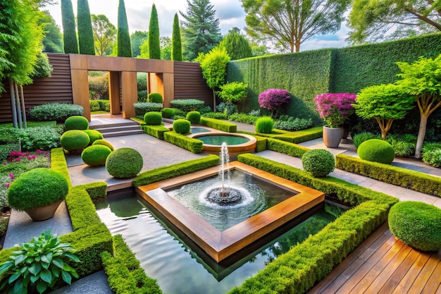 Photo avantgarde garden design with geometry lush vegetation and stylized water fountain in perfect harmony