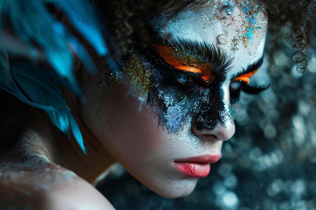 AvantGarde Makeup with Exaggerated Eyelashes and Sculptural Face Paint against a Dark Backdrop for High Fashion Editorials