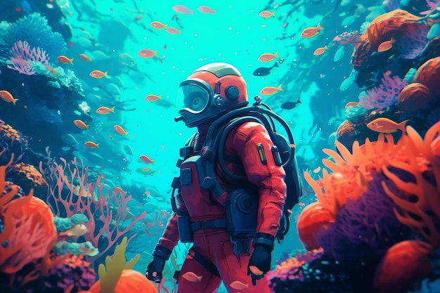 an avatar wearing a diving suit exploring a vibrant color AI generated