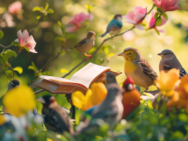 Avian Audience A serene scene a group of inquisitive birds perched around an open book amidst a vibrant garden as if engaged in a communal learning experience or fascinated by a storytelling session