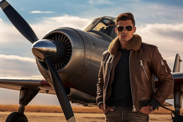 Photo aviator standing in front of plane sunglasses airplane aircraft