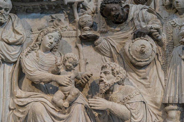 Avila, Spain - April 17, 2019. Interior of the Cathedral of Avila during the celebration of Holy Week in Spain. Biblical scenes in relief