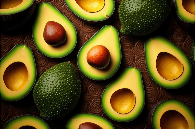 Avocado background Top view of fresh ripe avocado on brown background