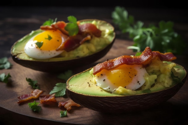 Avocado boats with eggs and bacon Brunch healthy gourmet delectable dish Generate ai