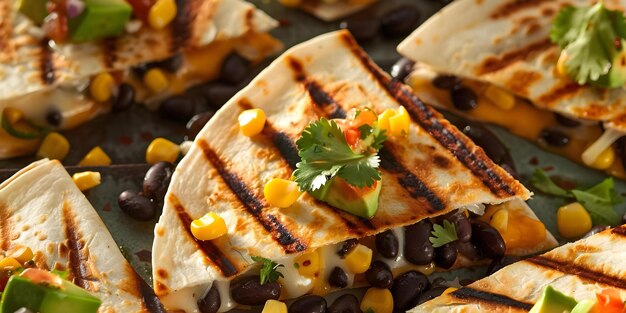 Photo avocado cheese black beans corn salsa in grilled crispy quesadillas concept recipes mexican cuisine quesadillas avocado cheese