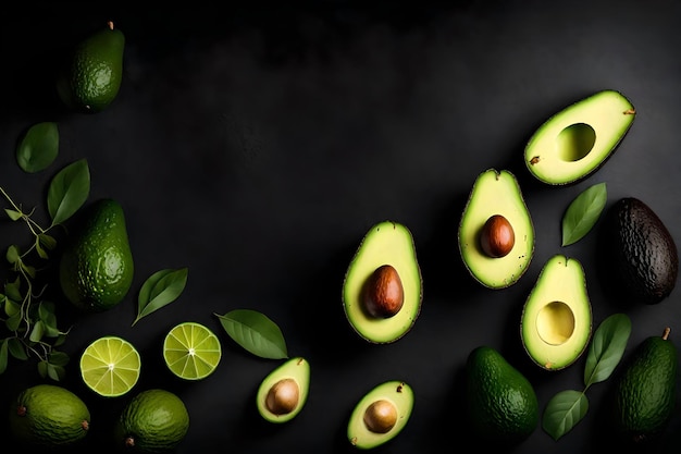 Avocado composition flat lay with free space for copy black desert background