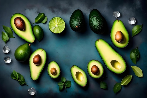 Avocado composition flat lay with free space for copy diamond background