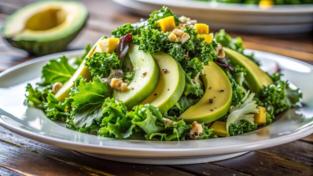 Photo avocado and curl leaf kale with lettuce vegetable and salad dressing that healthy food in white plat