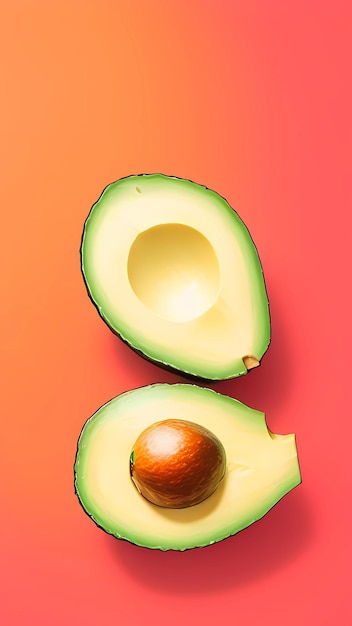 An avocado cut in half and half on a red background