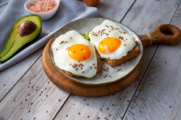 Avocado and egg toast on whole grain bread Healthy food rich in healthy fats proteins antioxidants fiber