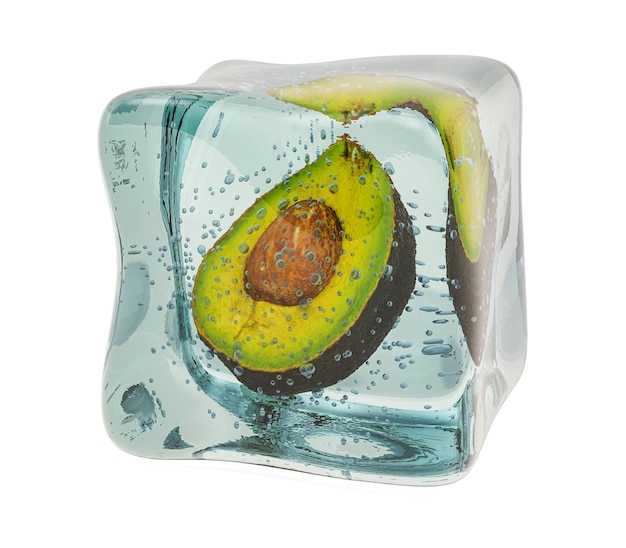 Avocado frozen in ice cube 3D rendering