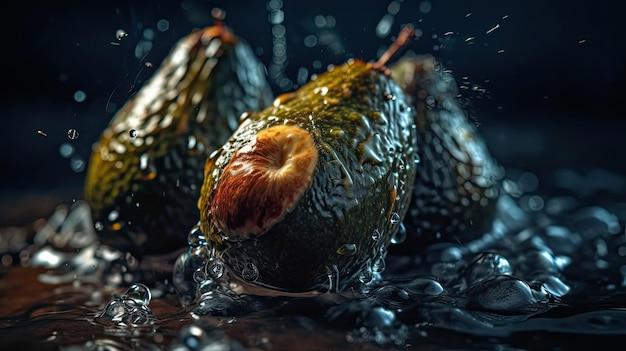 Avocado hit by splashes of water with perfect viewing angle