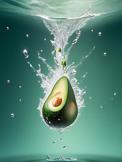 An avocado is being splashed with water and a splash of water AI GENERATED