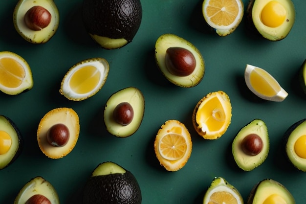 Avocado lemon and salt arranged in a row on green background