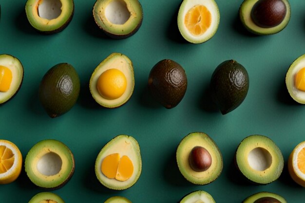 Avocado lemon and salt arranged in a row on green background