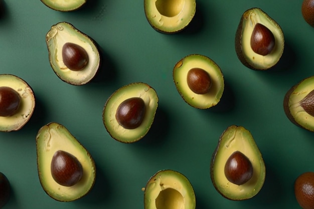 Avocado lemon and salt arranged in a row on green background