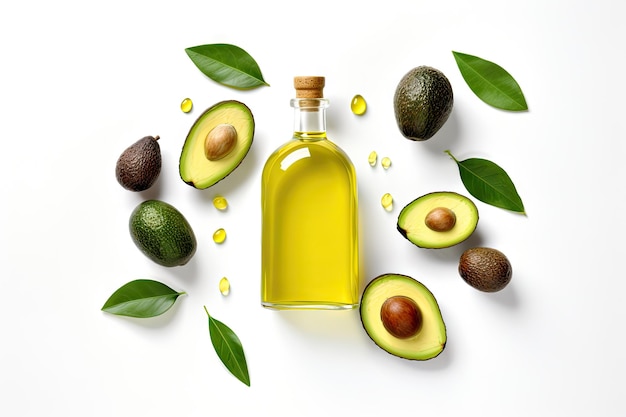 Avocado oil and fruit on white background