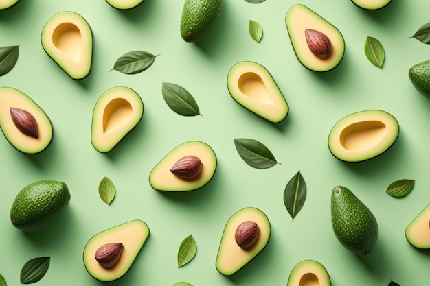 Avocado pattern on pastel background Top view Banner creative summer food concept AI generation