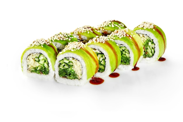 Avocado rolls with hiyashi wakame cucumbers lettuce sesame and unagi sauce