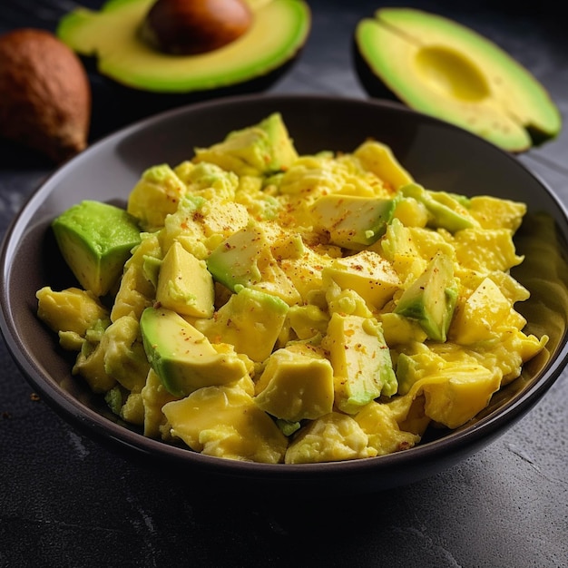 Avocado salad in bowl on black stone background Healthy food concept