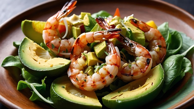 Avocado salad with shrimps prawns avocado and spinach