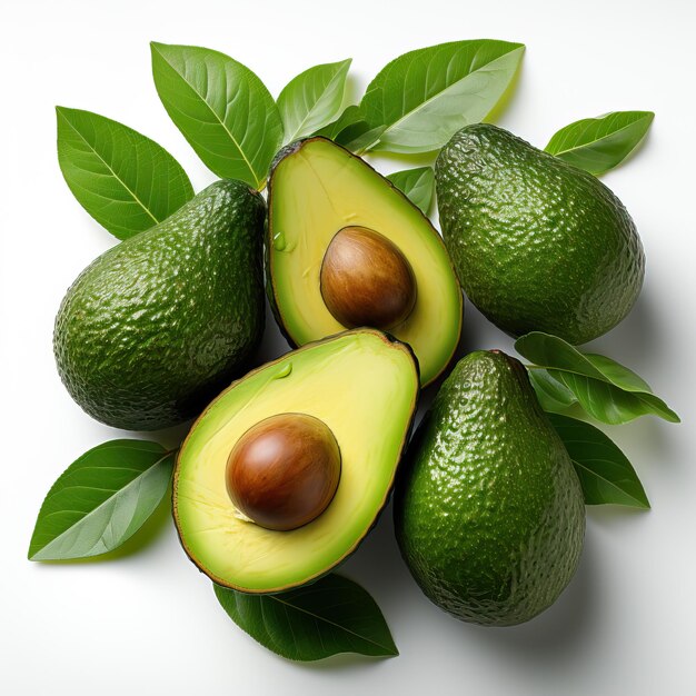 Avocado slices with leaves on a white background Selective soft focus