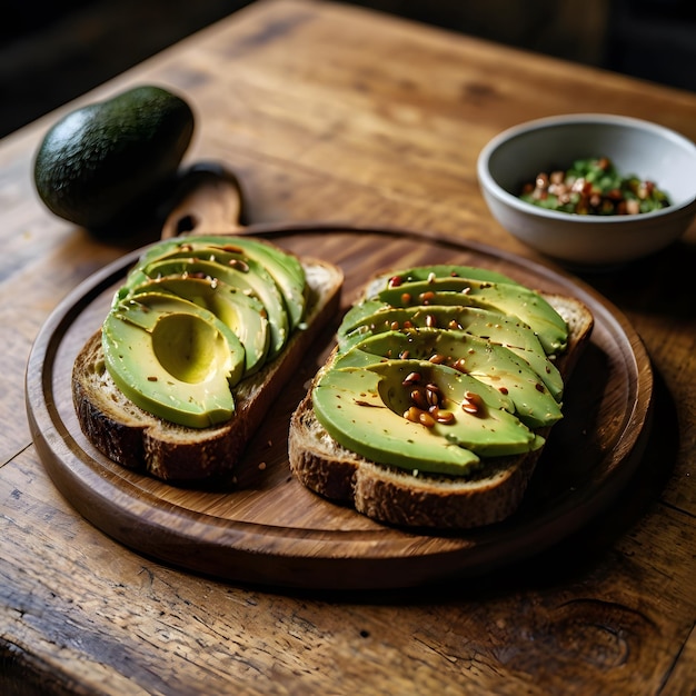 avocado slices on a wooden cutting board with a bowl of avocado