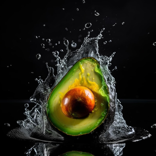 Avocado in the splash of water on isolated black background