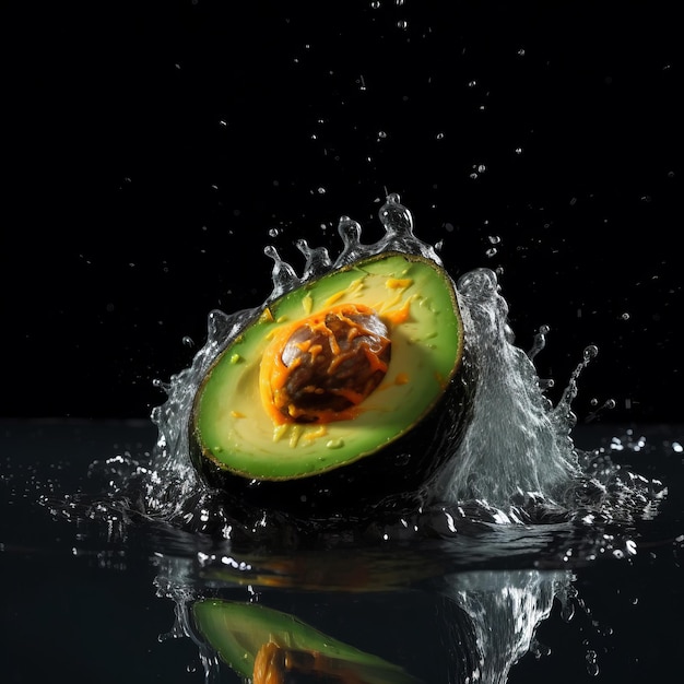 Avocado in the splash of water on isolated black background