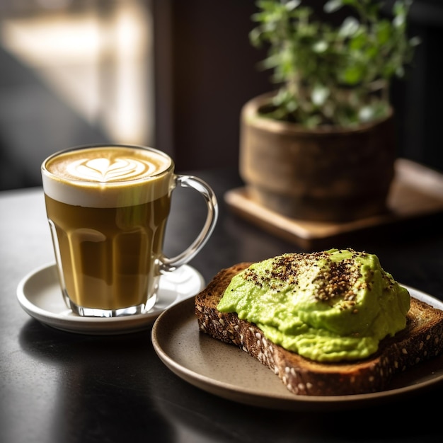 Avocado toast and a hot coffee latte with natural light Generative AI