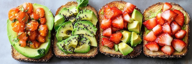 Photo avocado toast with egg tomatoes and greens