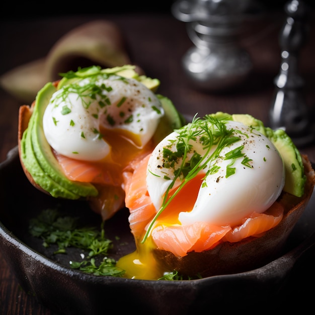 Avocado toasts with salmon and poached egg close up Sandwich with sliced avocado salmon slices and poached eggs on dark rye bread Healthy eating concept Generative AI