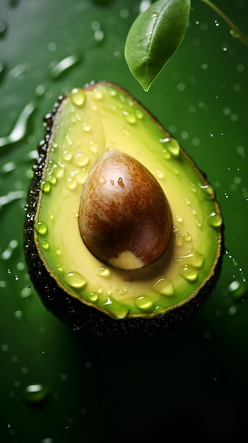 Avocado in water splashes close up Sliced avocado isolated on green background with water drops Vertical illustration of avocado half with water splash fruit background AI generated