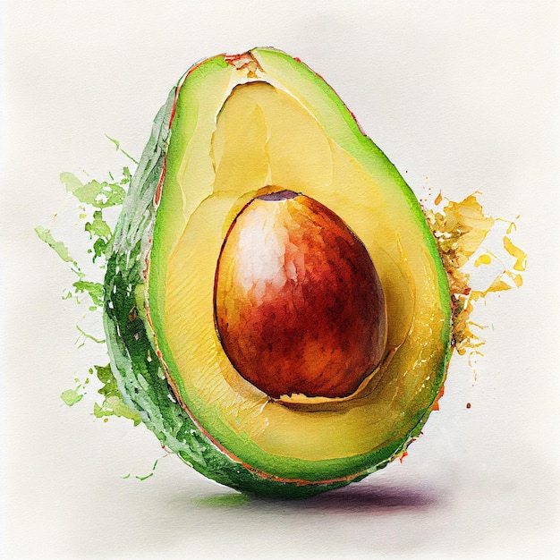 Avocado. Watercolor on white paper background. All the fruits.