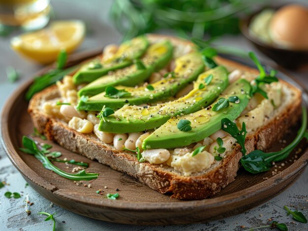 Photo avocado and white bean toast