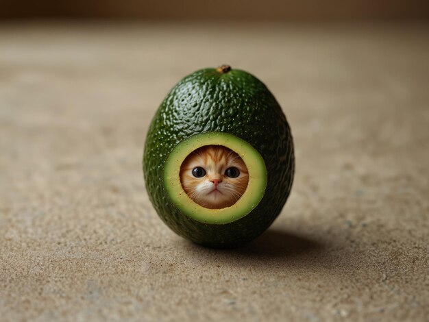 Photo avocado with a cute kitten face on a blurred background