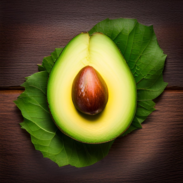 a avocado with a green leaf that says avocado