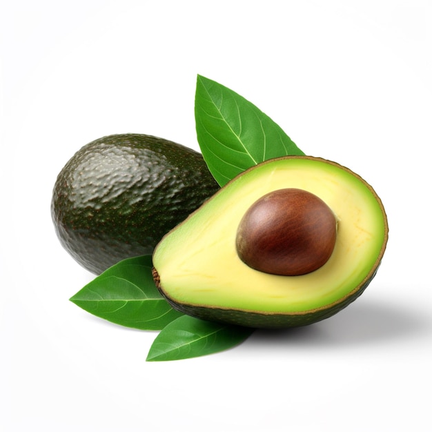 An avocado with green leaves and a whole avocado with the word avocado on it.