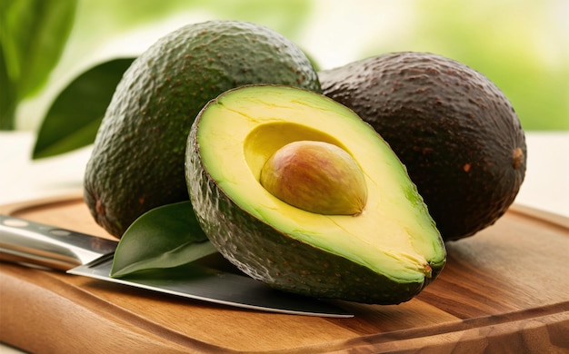 a avocado with a knife on a cutting board with a knife