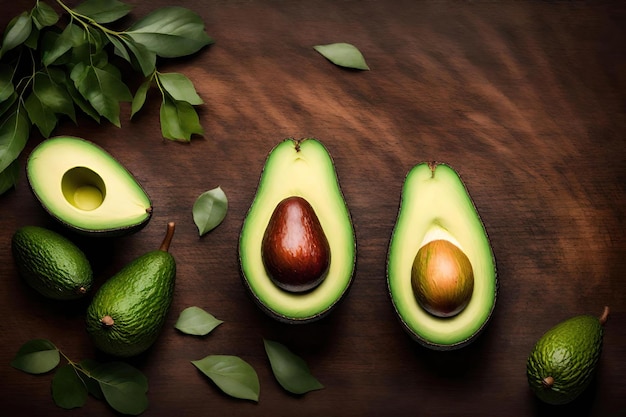 Avocado on wooden table flat lay