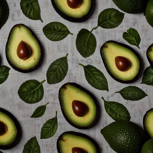 avocados are displayed on a table with green leaves