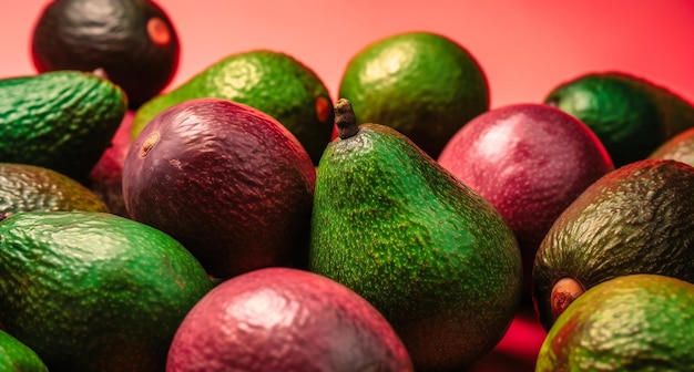 The avocados are laying stacked on a pink background