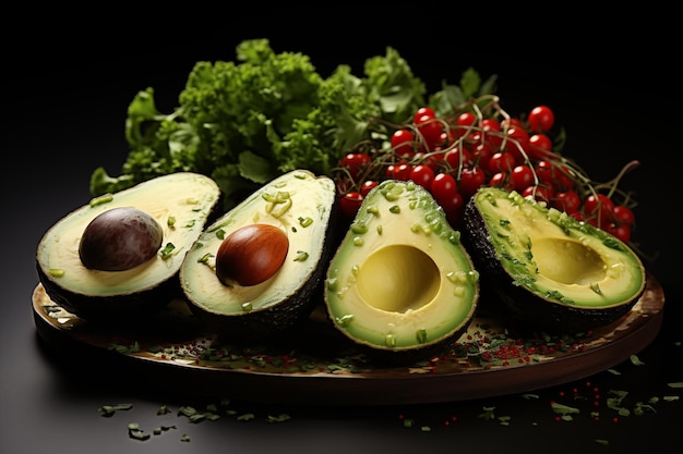 Avocados cherry tomatoes parsley on dark background