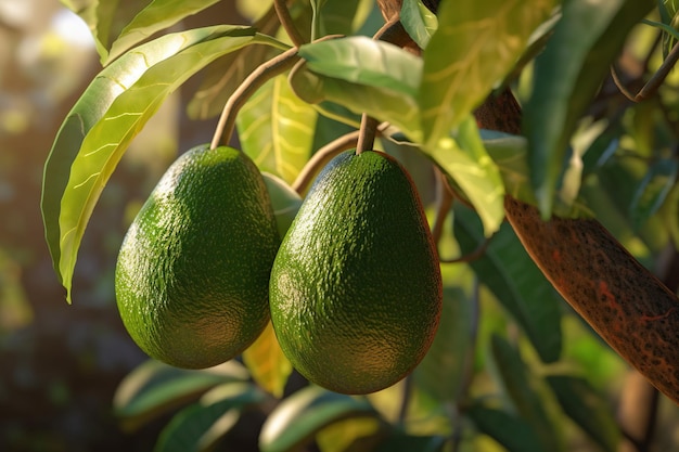 Avocados hanging growing on a tree closeup